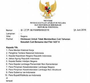 Imbauan Menpan Untuk Tidak Memberikan Cuti Tahunan Sesudah Cuti Bersama Idul Fitri 1437 H